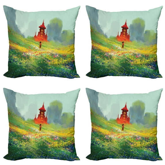 Ambesonne Landscape Throw Pillow Cover 4 Pack, Flower Scary Castle, 24", Red Green