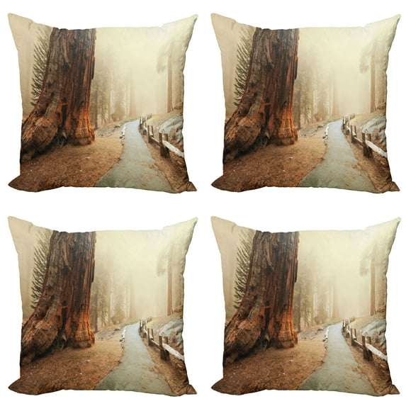 Ambesonne Landscape Throw Pillow Cover 4 Pack, Foggy Forest Woods, 18", Brown