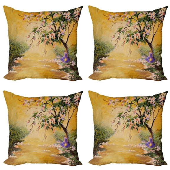 Ambesonne Landscape Throw Pillow Cover 4 Pack, Girl near River Tree, 18", Multicolor