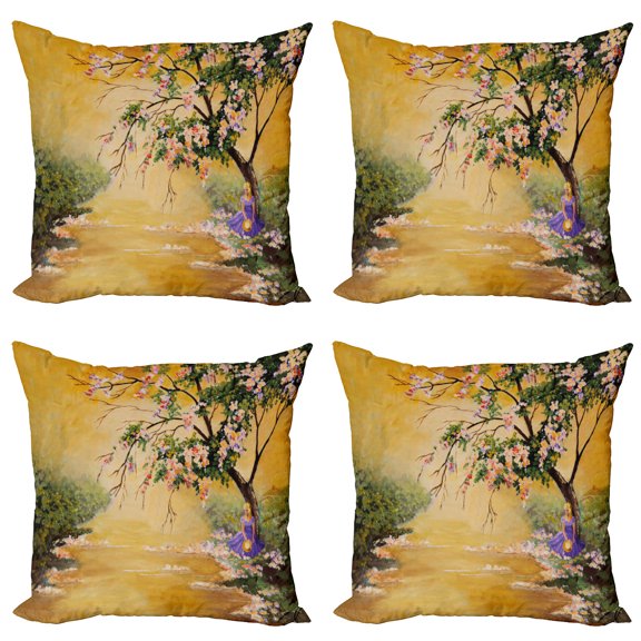 Ambesonne Landscape Throw Pillow Cover 4 Pack, Girl near River Tree, 20", Multicolor