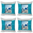 thumbnail image 1 of Ambesonne Landscape Throw Pillow Cover 4 Pack, Greece Oia Building, 18", Aqua Blue White, 1 of 7