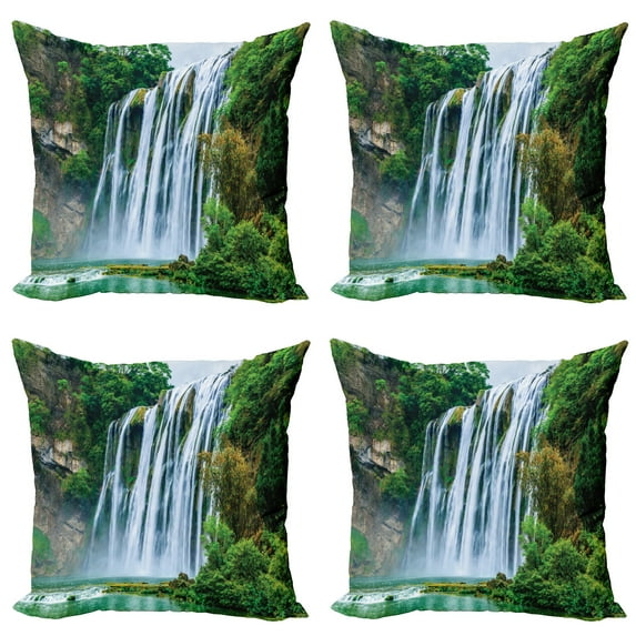 Ambesonne Landscape Throw Pillow Cover 4 Pack, Green Botanic Nature, 20", Green and White