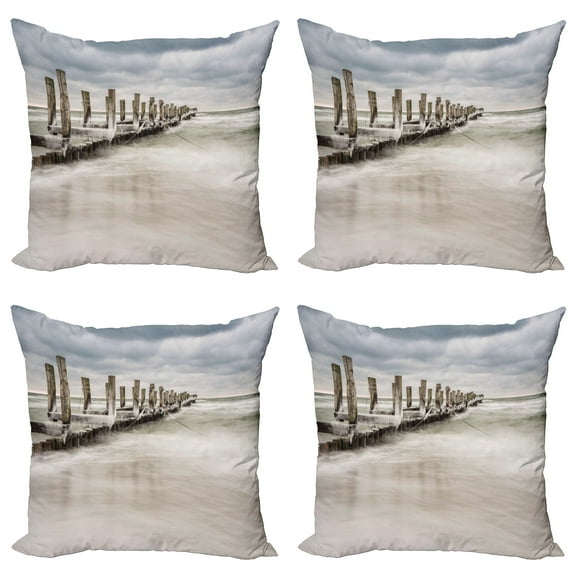 Ambesonne Landscape Throw Pillow Cover 4 Pack, Groyne Zingst Germany, 24", Pale Blue White Tan