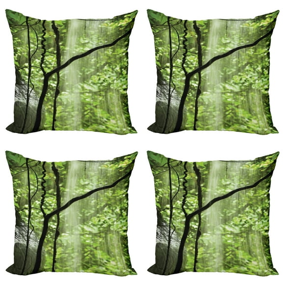 Ambesonne Landscape Throw Pillow Cover 4 Pack, Jungle Waterfall Tree, 16", Green Brown