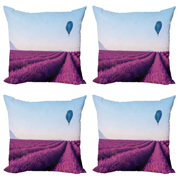 Ambesonne Landscape Throw Pillow Cover 4 Pack, Lavender Field Balloon, 20", Magenta Sky Blue