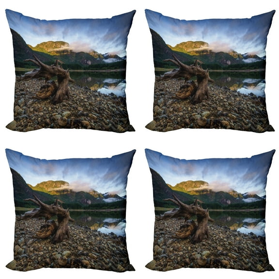 Ambesonne Landscape Throw Pillow Cover 4 Pack, Mountain Lake Skies, 20", Blue and Brown