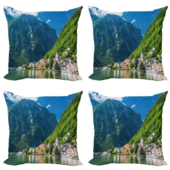 Ambesonne Landscape Throw Pillow Cover 4 Pack, Natural View Austria, 24", Green Blue White
