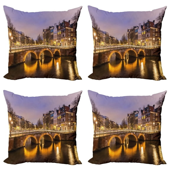 Ambesonne Landscape Throw Pillow Cover 4 Pack, Old Bridge European, 20", Amber Lilac