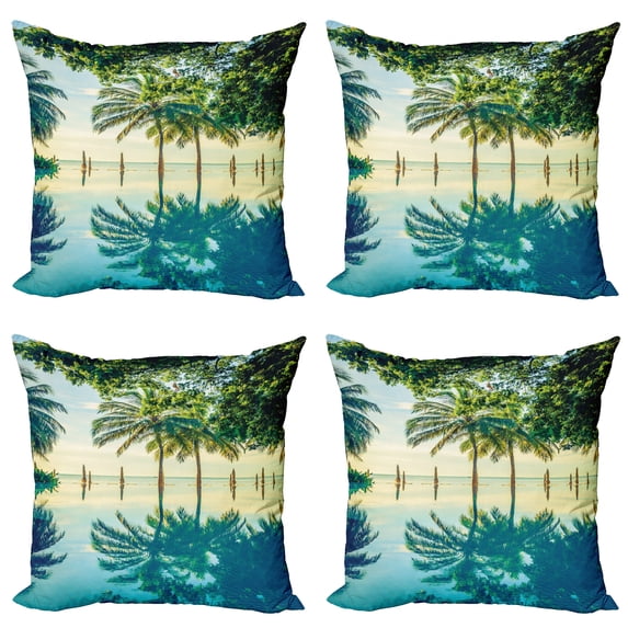 Ambesonne Landscape Throw Pillow Cover 4 Pack, Pool Nearly Beach, 16", Green Blue