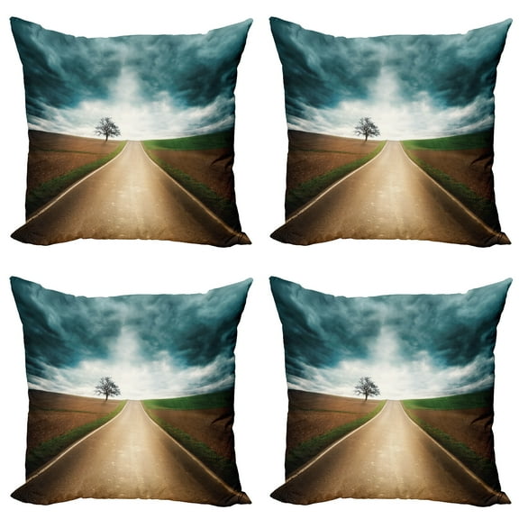 Ambesonne Landscape Throw Pillow Cover 4 Pack, Roads Travel Clouds, 16", Brown Teal