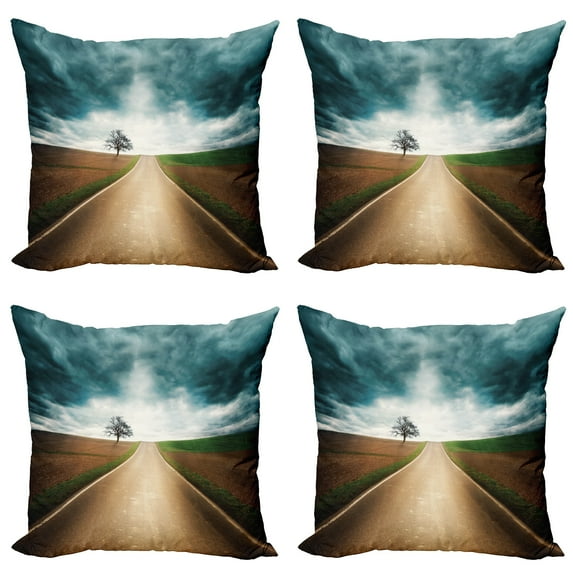 Ambesonne Landscape Throw Pillow Cover 4 Pack, Roads Travel Clouds, 18", Brown Teal