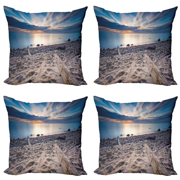 Ambesonne Landscape Throw Pillow Cover 4 Pack, Rocky Sea Shore Trees, 16", Blue and Beige