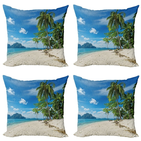 Ambesonne Landscape Throw Pillow Cover 4 Pack, Sea Palms Mountains, 24", Blue Cream Green