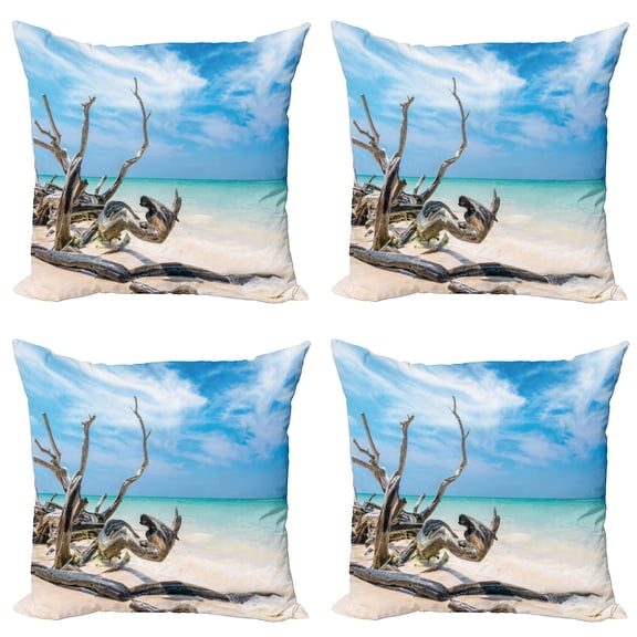 Ambesonne Landscape Throw Pillow Cover 4 Pack, Seascape Sandy Beach, 16", Turquoise Sky Blue
