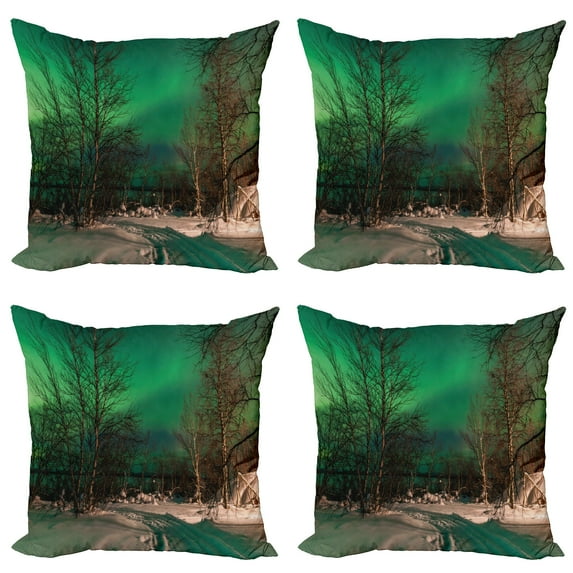 Ambesonne Landscape Throw Pillow Cover 4 Pack, Snowy Frozen Road, 20", Jade Green Brown White