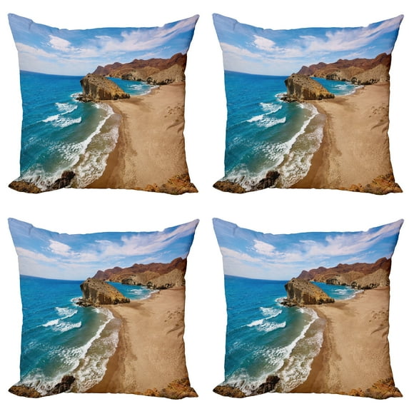 Ambesonne Landscape Throw Pillow Cover 4 Pack, Summer Beach Spain, 24", Blue Brown