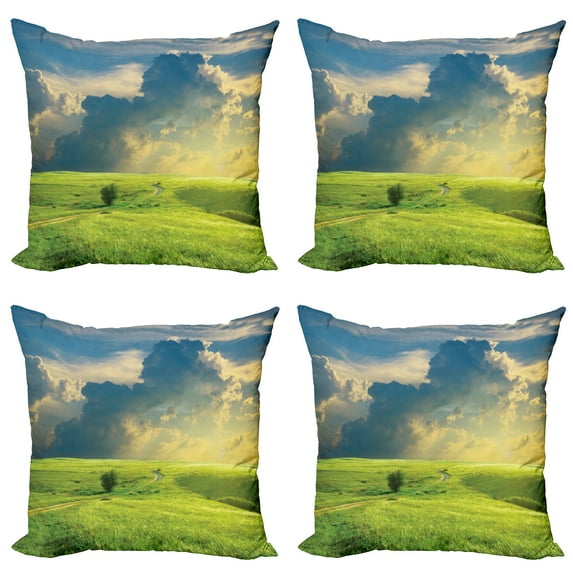 Ambesonne Landscape Throw Pillow Cover 4 Pack, Summer Spring Rural, 16", Blue Green