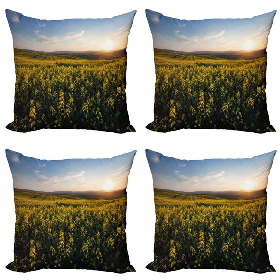 Ambesonne Landscape Throw Pillow Cover 4 Pack, Sunset Flower Field, 20", Yellow Green Blue