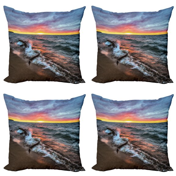 Ambesonne Landscape Throw Pillow Cover 4 Pack, Sunset Horizon Lake, 18", Blue Grey Orange