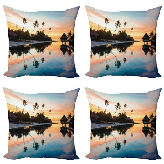 Ambesonne Landscape Throw Pillow Cover 4 Pack, Sunset Moorea Island, 20", Yellow Coral Blue