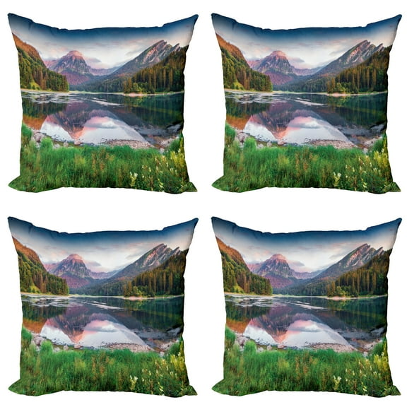 Ambesonne Landscape Throw Pillow Cover 4 Pack, Swiss Lake Sunrise, 24", Multicolor