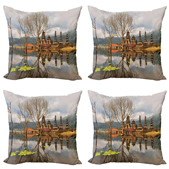 Ambesonne Landscape Throw Pillow Cover 4 Pack, Tamblingan Bali Lake, 16", Brown and Grey