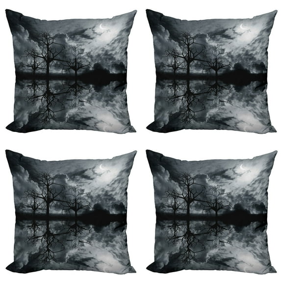 Ambesonne Landscape Throw Pillow Cover 4 Pack, Trees Night Sky Cloud, 18", Black White Grey