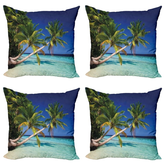 Ambesonne Landscape Throw Pillow Cover 4 Pack, Tropic Island Palms, 18", Aqua Blue Green