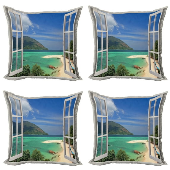 Ambesonne Landscape Throw Pillow Cover 4 Pack, Tropic Scene in Window, 18", Multicolor
