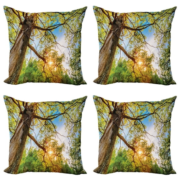 Ambesonne Landscape Throw Pillow Cover 4 Pack, Vibrant Summer Sky, 20", Green Brown