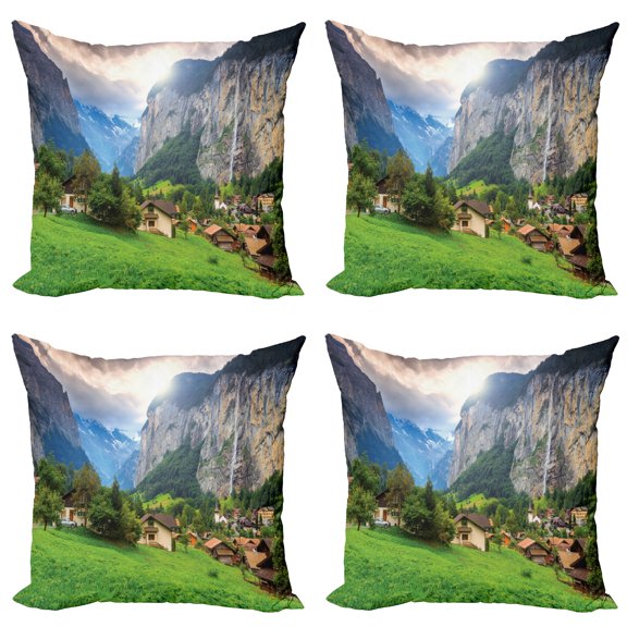 Ambesonne Landscape Throw Pillow Cover 4 Pack, Waterfall Sunlight, 18", Green Grey