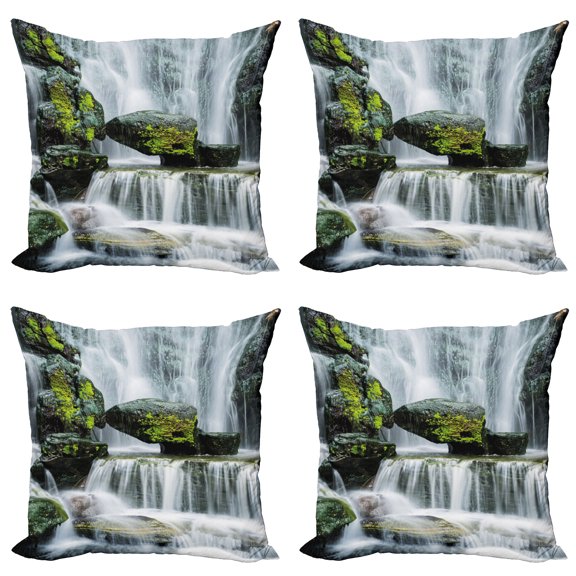 Ambesonne Landscape Throw Pillow Cover 4 Pack, Waterfall with Rocks, 20", Green Black and White