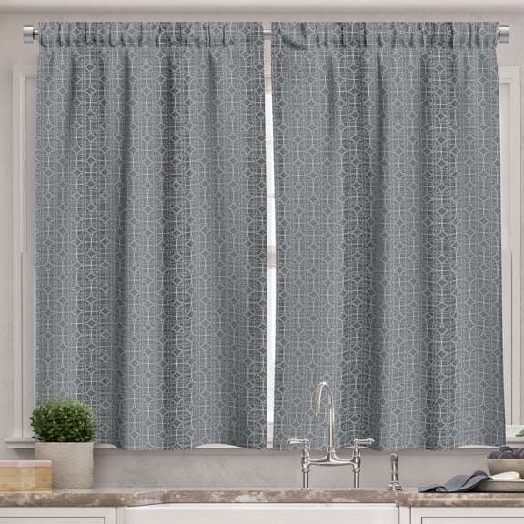 Ambesonne Lattice Kitchen Curtains, Mosaic Grey Oriental Grid, 55"x36", Grey and White