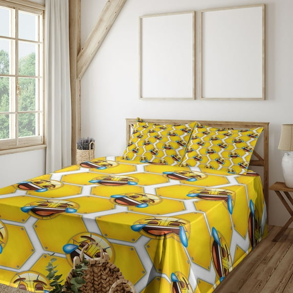 Ambesonne Laughing Emoji Fitted & Top Sheet Set with Sham, Futurist Robot Faces, White Mustard and Blue