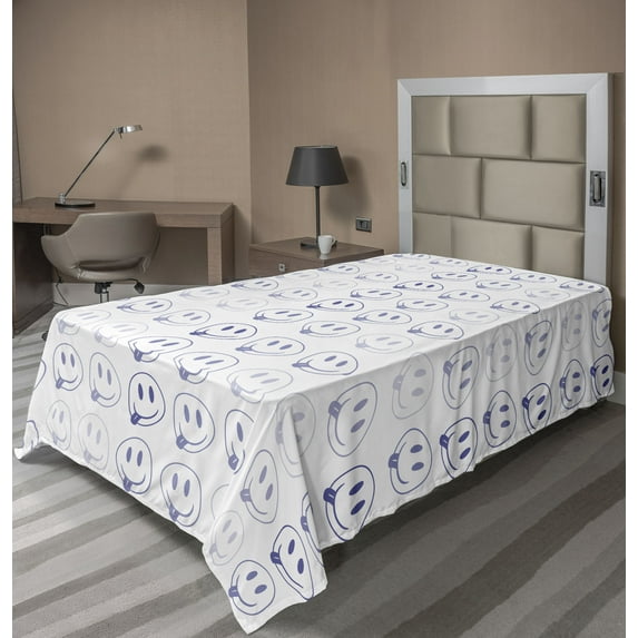 Ambesonne Laughing Emoji Flat Sheet, Dreamy Smiling Faces, Twin Size, Ceil Blue White