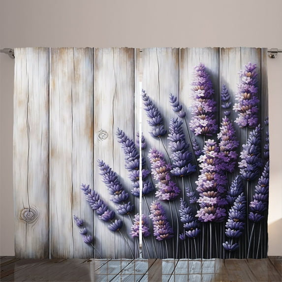 Ambesonne Lavender Curtains 2 Panel Set, Rustic Farm Purple Flowers, 108" x 84", Dark Indigo Pale Mustard