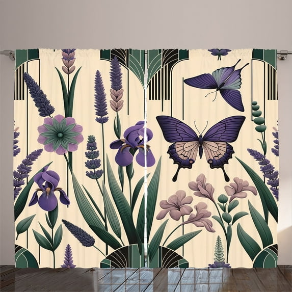 Ambesonne Lavender Curtains 2 Panel Set, Witchy Feels Modern Leaves, 108" x 108", Peach Dark Purple Green