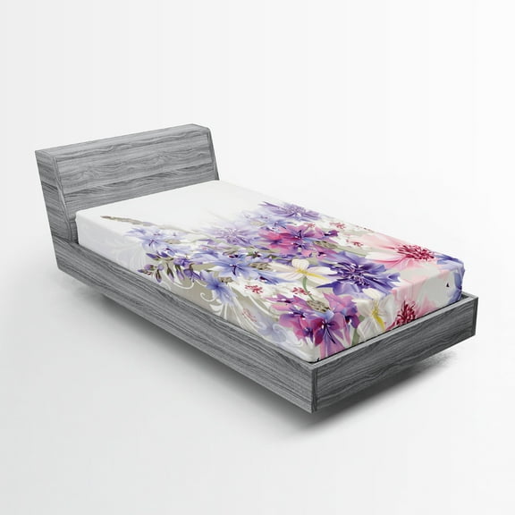 Ambesonne Lavender Fitted Sheet 2 Pcs Set, Pink Purple Flowers, Twin, Violet White Pink