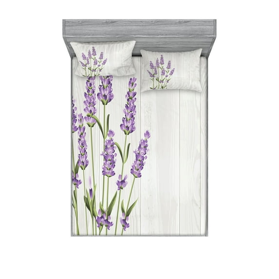 Ambesonne Lavender Fitted Sheet & Pillow Sham Set, Herbal Bouquet on Wood, Calking, Olive Green Pale Grey