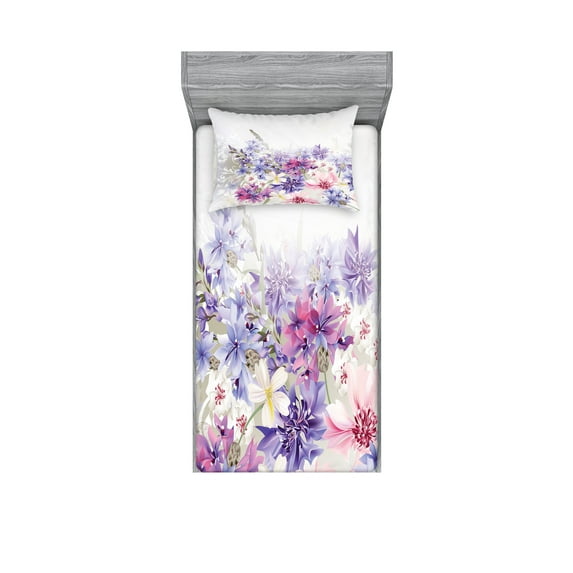 Ambesonne Lavender Fitted Sheet & Pillow Sham Set, Pink Purple Flowers, Twin, Violet White Pink