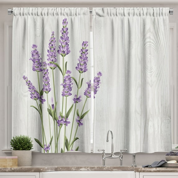 Ambesonne Lavender Kitchen Curtains, Herbal Bouquet on Wood, 55"x39", Olive Green Pale Grey