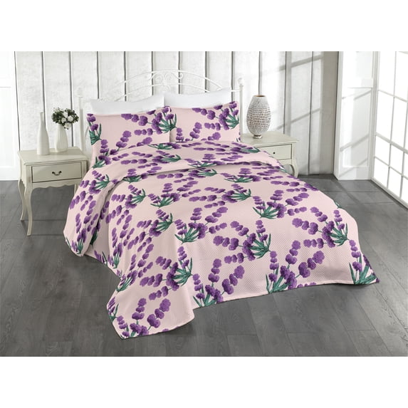 Ambesonne Lavender Pattern Quilted Bedspread Set 3 Pcs, Botany Artwork, King, Jade Green and Purple