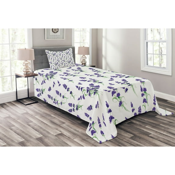 Ambesonne Lavender Quilted Bedspread Set 2 Pcs, Watercolor Art Plant, Twin Size, Violet Green