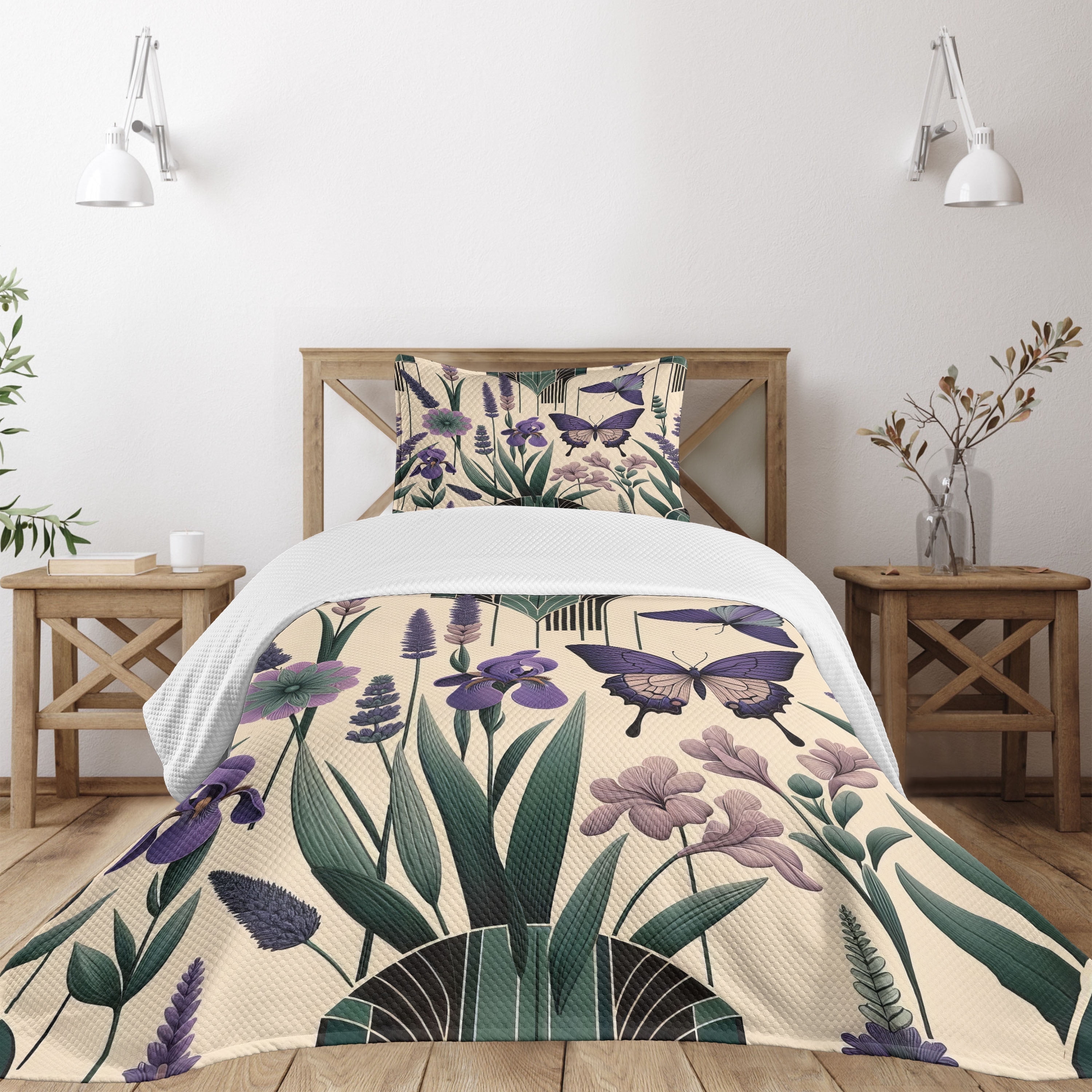 Lavender Floral Twin Quilted Bedspread Set with Pillow Sham
