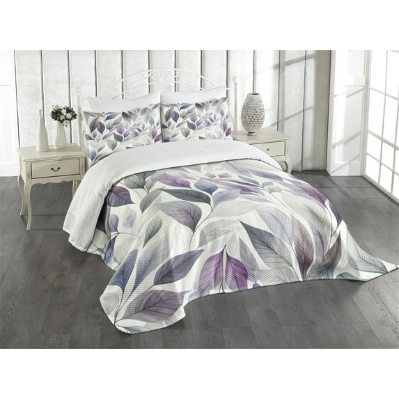 Ambesonne Lavender Quilted Bedspread Set 3 Pcs, Art Winter Dancing Leaves, King Size, Blue Grey Pale Purple