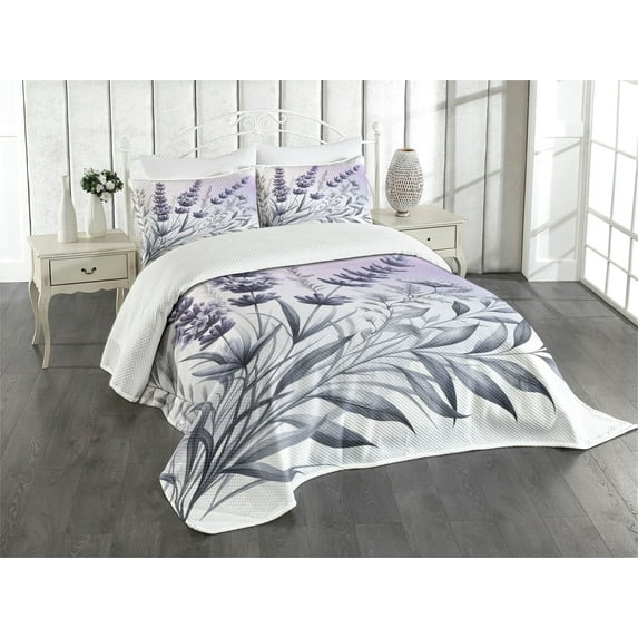 Ambesonne Lavender Quilted Bedspread Set 3 Pcs, Cloudy Detail Dream Floral, Queen Size, Pale Lilac Purpleblue