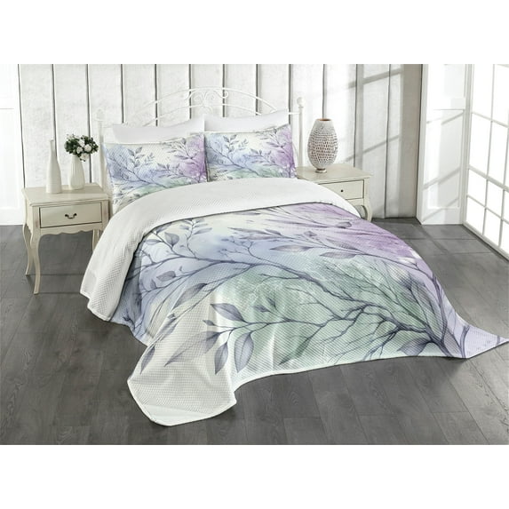 Ambesonne Lavender Quilted Bedspread Set 3 Pcs, Dreamy Art Purplish Leaves, Queen Size, Pale Ceil Blue Pale Green