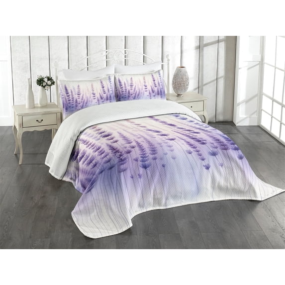 Ambesonne Lavender Quilted Bedspread Set 3 Pcs, Dreamy Purple Flowers Art, Queen Size, Blue Violet Ivory