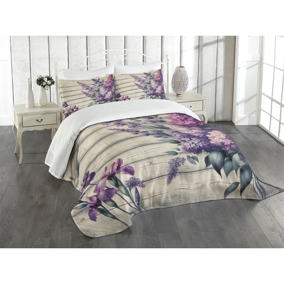 Ambesonne Lavender Quilted Bedspread Set 3 Pcs, Nostalgia Farm Leafy Bloom, King Size, Pale Khaki Quartz Mauve