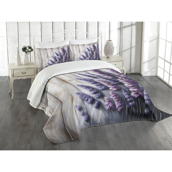 Ambesonne Lavender Quilted Bedspread Set 3 Pcs, Rustic Farm Purple Flowers, Queen Size, Dark Indigo Pale Mustard